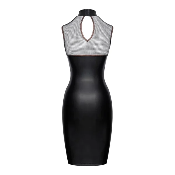 Black sleeveless bodycon dress with a high neck, mesh upper back panel, keyhole cut-out below the neck, and a fitted, knee-length silhouette.