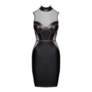 A sleeveless, form-fitting black dress with mesh panelling on the chest and shoulders, structured bustier-style bodice, and brown piping accents.