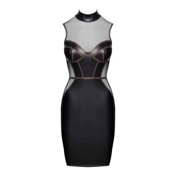 A sleeveless, form-fitting black dress with mesh panelling on the chest and shoulders, structured bustier-style bodice, and brown piping accents.