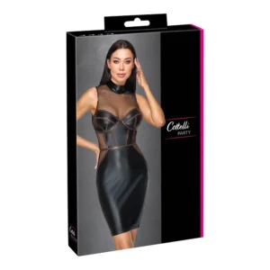 A product box featuring a woman in a black, figure-hugging dress with mesh panels and faux leather details. The box is labelled “Cottelli Party.”.