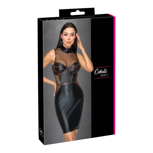 A product box featuring a woman in a black, figure-hugging dress with mesh panels and faux leather details. The box is labelled “Cottelli Party.”.
