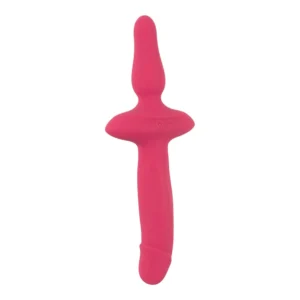 A pink, silicone adult toy with a curved handle and two bulbous sections, designed for intimate use.