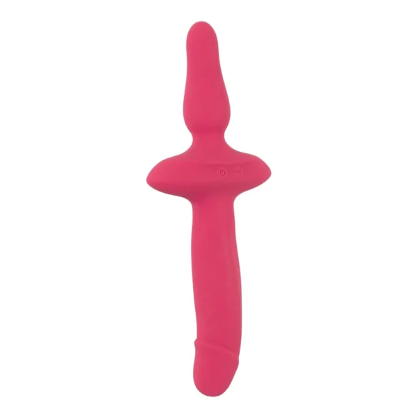 couples-choice-1 A pink, silicone adult toy with a curved handle and two bulbous sections, designed for intimate use.