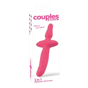 A white product box labelled “Couples’ Choice” displays a pink 2-in-1 vibrator and butt plug. The packaging shows the toy’s shape and includes text: “Choose and enjoy!” and “2 in 1 Vibrator + Butt Plug.”.