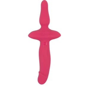 A pink silicone adult toy with a curved design, a flared base, and two buttons on its surface for power and settings.