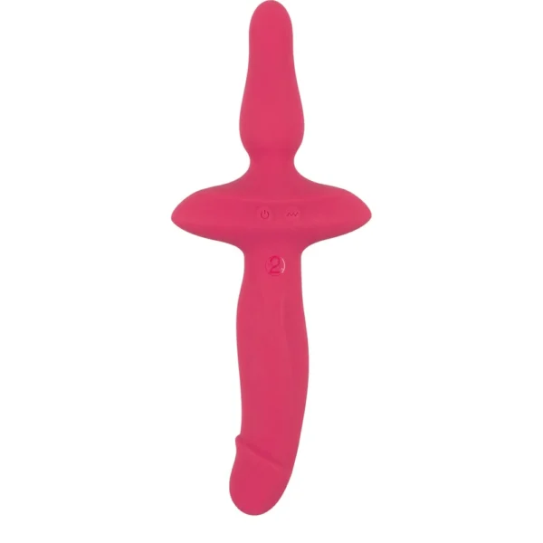 A pink silicone adult toy with a curved design, a flared base, and two buttons on its surface for power and settings.