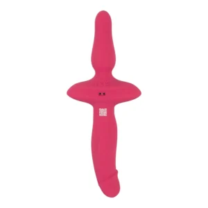 A pink silicone dual-ended adult toy with a curved handle and a tapered bulbous end, photographed against a white background.