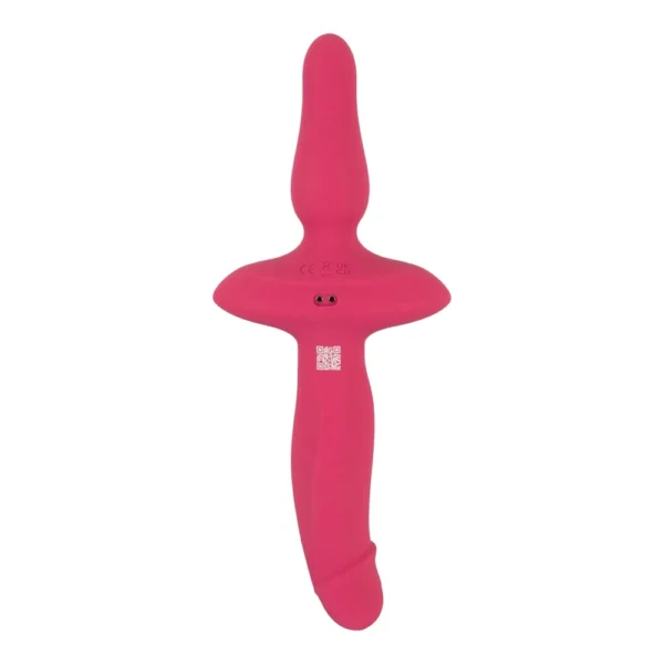 A pink silicone dual-ended adult toy with a curved handle and a tapered bulbous end, photographed against a white background.