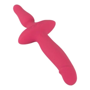 A pink silicone double-ended adult toy with a curved design and a wide central grip, shown against a white background.