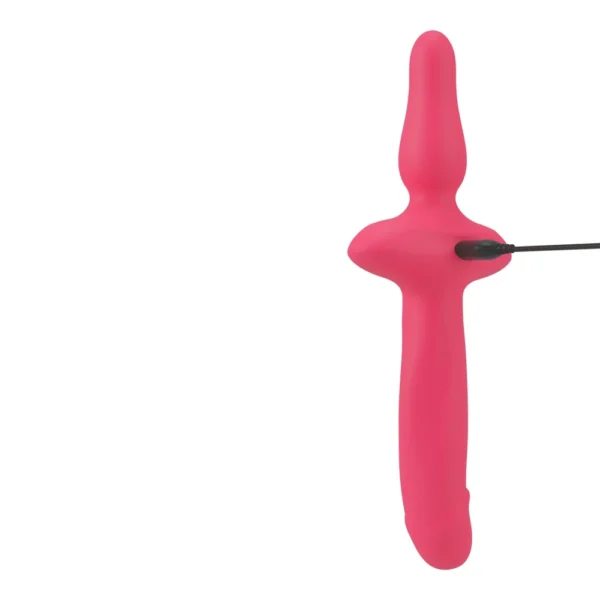 A pink silicone personal massager with a bulbous, contoured shape and a charging cable connected to the side, displayed against a white background.