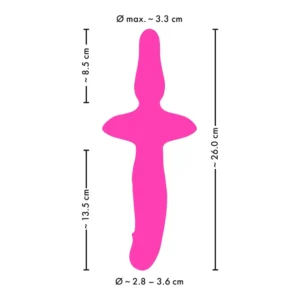 Bright pink silhouette of an abstract object with measurements: length 26 cm, upper width 3.3 cm, middle width 13.5 cm, lower width 8.5 cm, and bottom width 2.8–3.6 cm, all labelled in centimetres.
