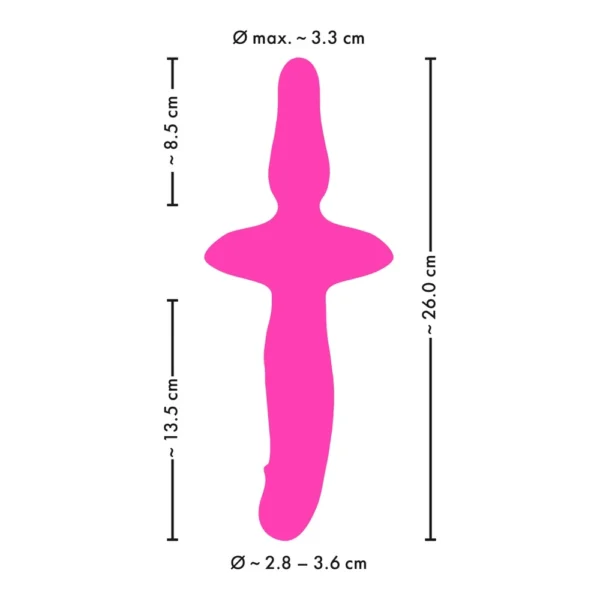 Bright pink silhouette of an abstract object with measurements: length 26 cm, upper width 3.3 cm, middle width 13.5 cm, lower width 8.5 cm, and bottom width 2.8–3.6 cm, all labelled in centimetres.