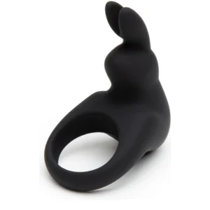 A black silicone ring shaped like a rabbit, with two ears extending upwards, photographed against a white background.