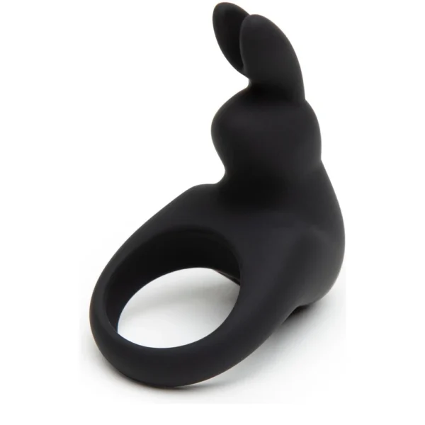 happy-rabbit-cockring-1 A black silicone ring shaped like a rabbit, with two ears extending upwards, photographed against a white background.