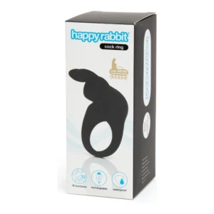 A black Happy Rabbit cock ring in its packaging, featuring product features like 12 functions, rechargeable, and waterproof, with blue and white branding and a gold award symbol on the front of the box.