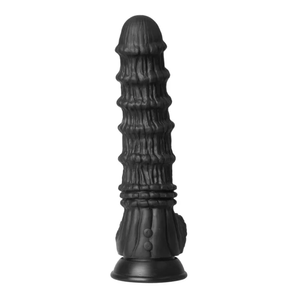 A black, textured, ribbed silicone object with a flared base, designed in an abstract, sculptural style.