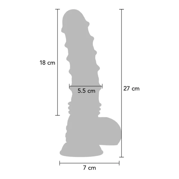 Grey silhouette of a phallic-shaped object with three labelled measurements: 18 cm height of main section, 27 cm total height, 7 cm base width, and 5.5 cm midsection width. Measurement lines and arrows are included.