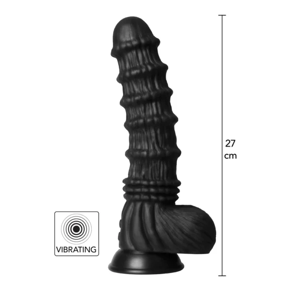 A black, textured, realistic vibrator with a suction base is shown upright. The height is marked as 27 cm. A “vibrating” icon appears in the bottom left corner.
