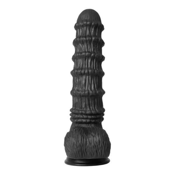 A large, textured, black silicone dildo with pronounced ridges and a rounded tip, standing upright on a flat base.