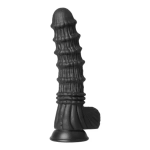 A textured, black, silicone adult toy with a ridged design and a flared base, standing upright against a plain white background.