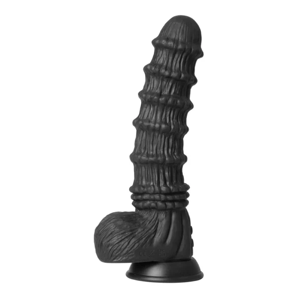 A black, textured, fantasy-themed silicone dildo with a ribbed design and a suction cup base.