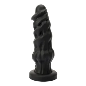 A black, textured, silicone adult toy with a wavy, spiral design and a flared base, standing upright against a white background.