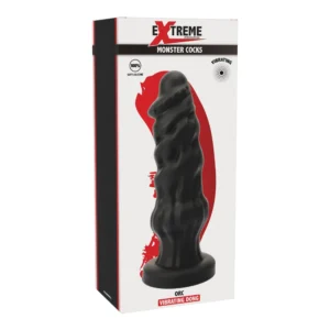 A black, twisted vibrating dildo labelled “Orc Vibrating Dong” is displayed in its box. The packaging features the brand “Extreme” and the phrase “Monster Cocks” with bold, graphic design elements.