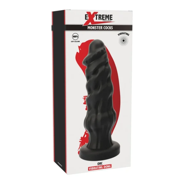 A black, twisted vibrating dildo labelled “Orc Vibrating Dong” is displayed in its box. The packaging features the brand “Extreme” and the phrase “Monster Cocks” with bold, graphic design elements.