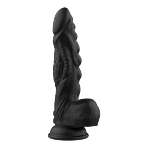 A black, textured silicone dildo with a realistic shape and a suction cup base, standing upright on a white background.