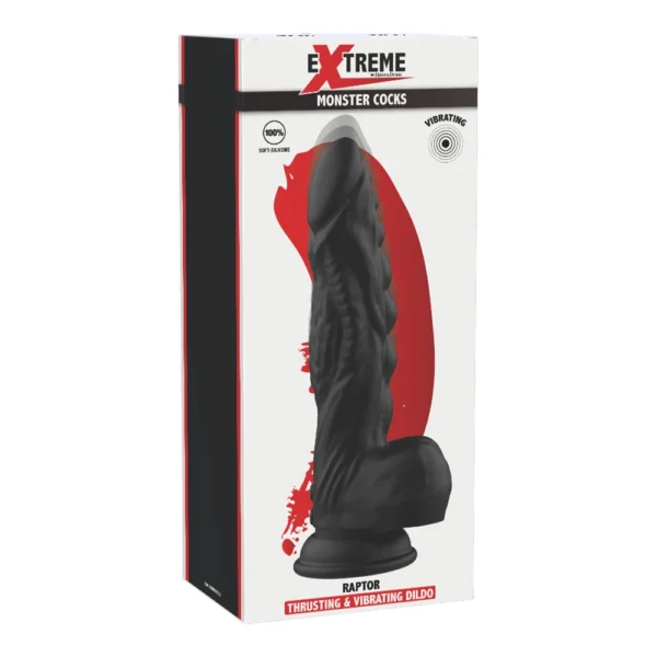 Black, textured dildo in product packaging labelled “Extreme Monster Cocks.” The box highlights features like “100% safe silicone,” “thrusting & vibrating,” and shows an image of the dildo with a suction base.