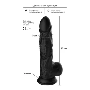 Black realistic dildo with veins, a suction base, and control buttons. Measurements shown are 23 cm tall and 5 cm wide. Instructions and icons for thrusting, vibrating functions, and charging are displayed around the product.