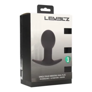 A boxed Levelz single bulb vibrating anal plug, rechargeable with 10 functions, made of silicone. The black plug is featured on the front of the packaging.