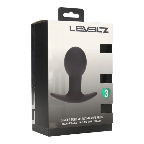 A boxed Levelz single bulb vibrating anal plug, rechargeable with 10 functions, made of silicone. The black plug is featured on the front of the packaging.