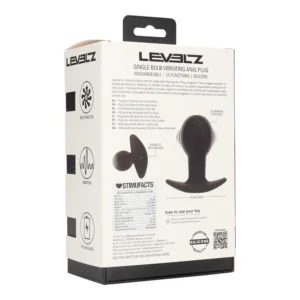 Retail packaging for a Levelz single bulb vibrating anal plug, showing product features, silicone material, usage instructions, and a product image on a white background.