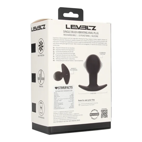 Retail packaging for a Levelz single bulb vibrating anal plug, showing product features, silicone material, usage instructions, and a product image on a white background.