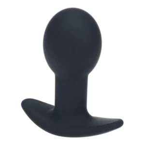 A black silicone butt plug with a rounded top and a curved, flared base designed for safe use.