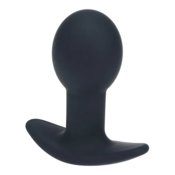 A black silicone butt plug with a rounded top and a curved, flared base designed for safe use.
