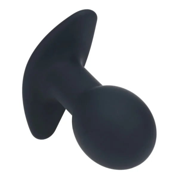 A black silicone butt plug with a rounded tip and a flared base, photographed on a white background.