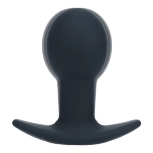A matte black silicone butt plug with a bulbous top and a curved, ergonomic base designed for comfortable and safe use.