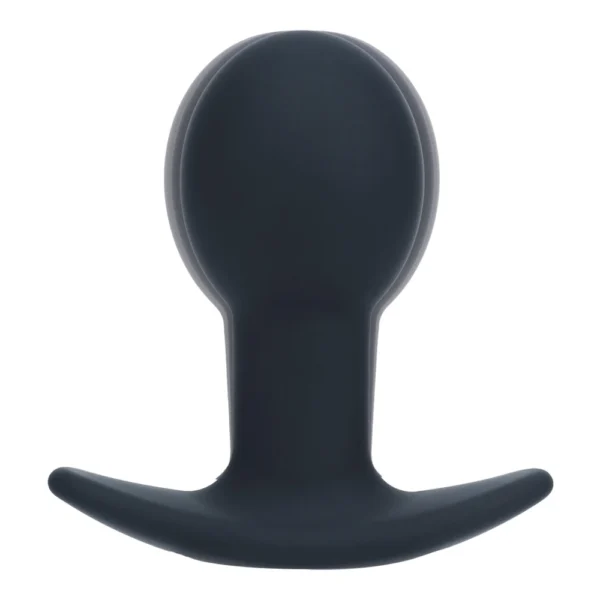 levelz-anal-plug-7 A matte black silicone butt plug with a bulbous top and a curved, ergonomic base designed for comfortable and safe use.
