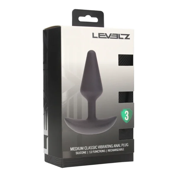 A black box displays a silicone vibrating anal plug with the brand name “LEVELZ.” The packaging notes it is medium-sized, rechargeable, and offers 12 functions.