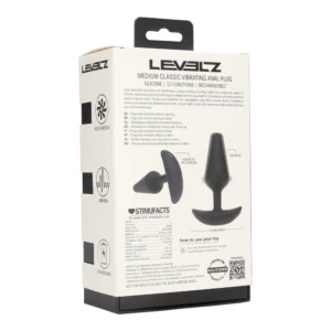 Box packaging for a Levelz medium classic vibrating anal plug, featuring product images, specifications, silicone material, rechargeable, 12 vibration functions, and the Stimulfacts section on the back.