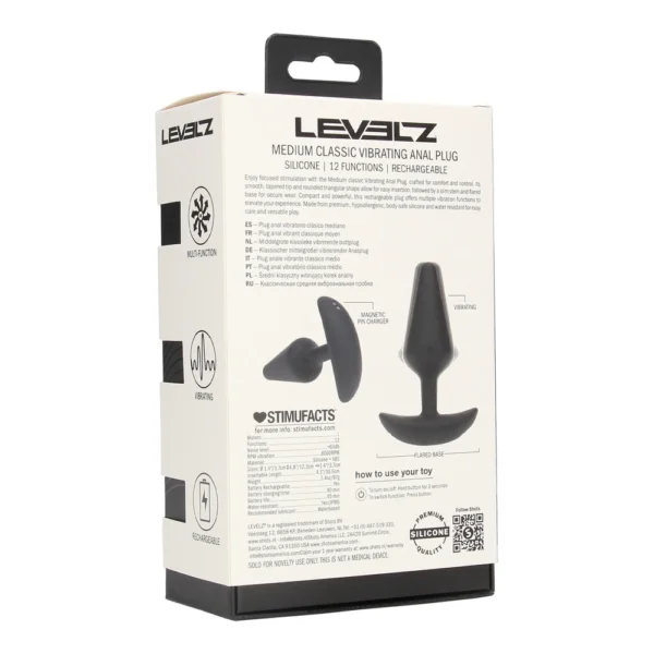 Box packaging for a Levelz medium classic vibrating anal plug, featuring product images, specifications, silicone material, rechargeable, 12 vibration functions, and the Stimulfacts section on the back.