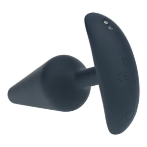 A black silicone butt plug with a flared, curved base and a power button, indicating it is a vibrating or electronic model.