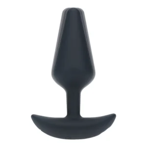 A black silicone butt plug with a tapered tip, narrow neck, and wide curved base for safety, shown on a plain white background.
