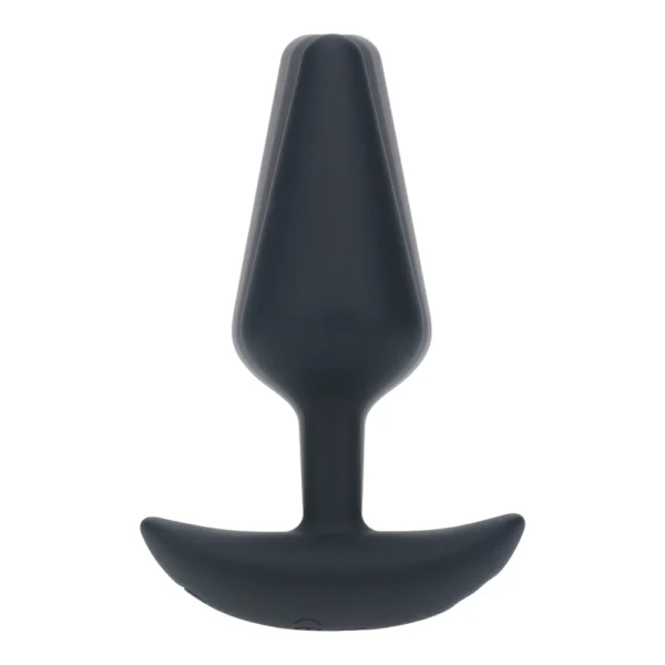 levelz-classic-plug-5 A black silicone butt plug with a tapered tip, narrow neck, and wide curved base for safety, shown on a plain white background.