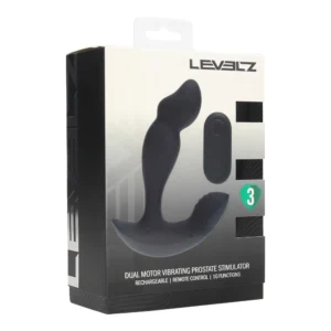 Black retail box displaying a dual motor vibrating prostate stimulator and remote from the brand Levelz, with product image and features like 10 functions and rechargeable.