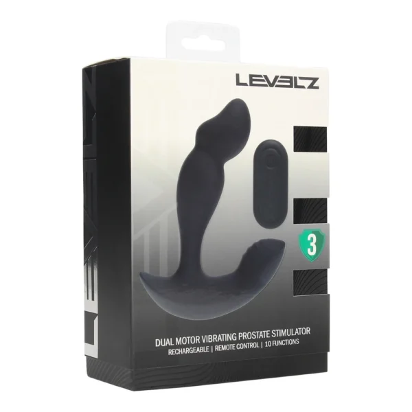 Black retail box displaying a dual motor vibrating prostate stimulator and remote from the brand Levelz, with product image and features like 10 functions and rechargeable.