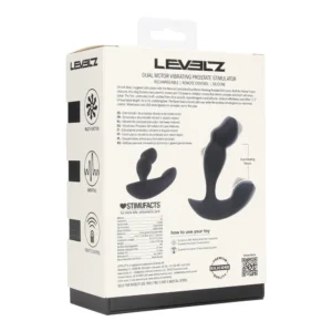 Back of a LEVELZ Dual Motor Vibrating Prostate Stimulator box, showing product images, features, usage instructions, and icons for multi-function, vibration, and remote control.