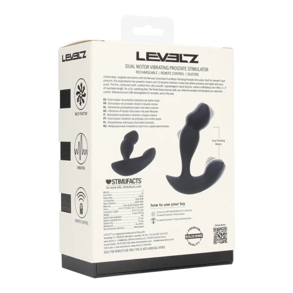 Back of a LEVELZ Dual Motor Vibrating Prostate Stimulator box, showing product images, features, usage instructions, and icons for multi-function, vibration, and remote control.